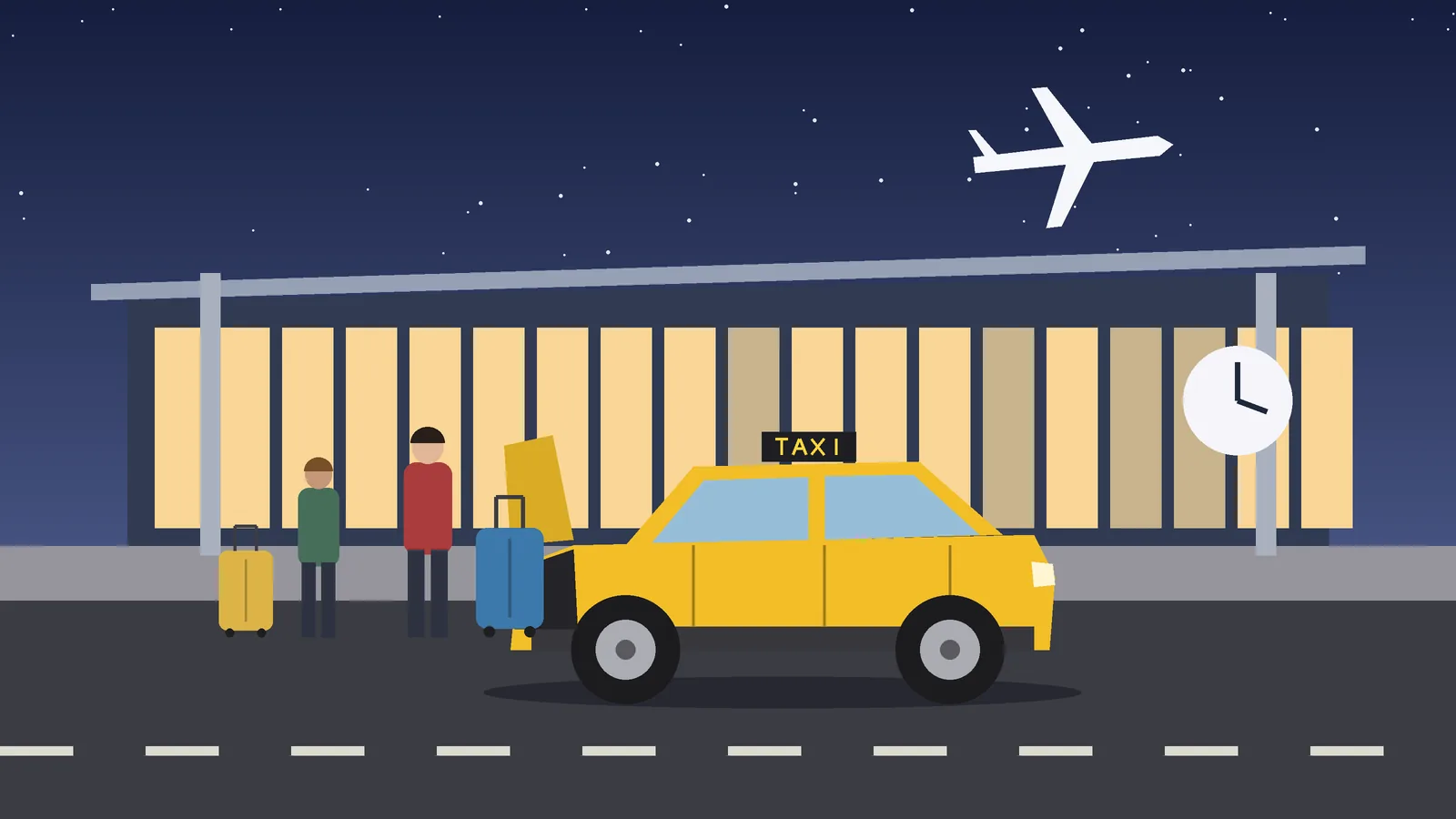 Reizigers met koffers bij een taxi met open koffer voor een verlichte luchthaventerminal, met een klok als symbool voor tijdig vertrekken