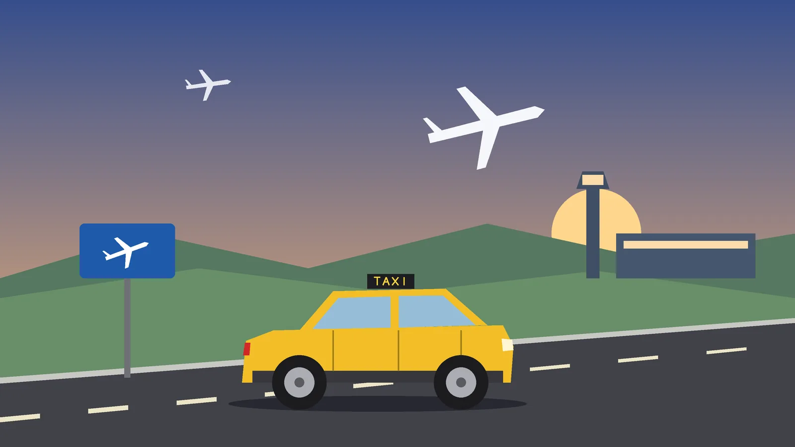 Taxi onderweg naar de luchthaven bij zonsopgang, met opstijgende vliegtuigen en een verkeersbord met een vliegtuigsymbool