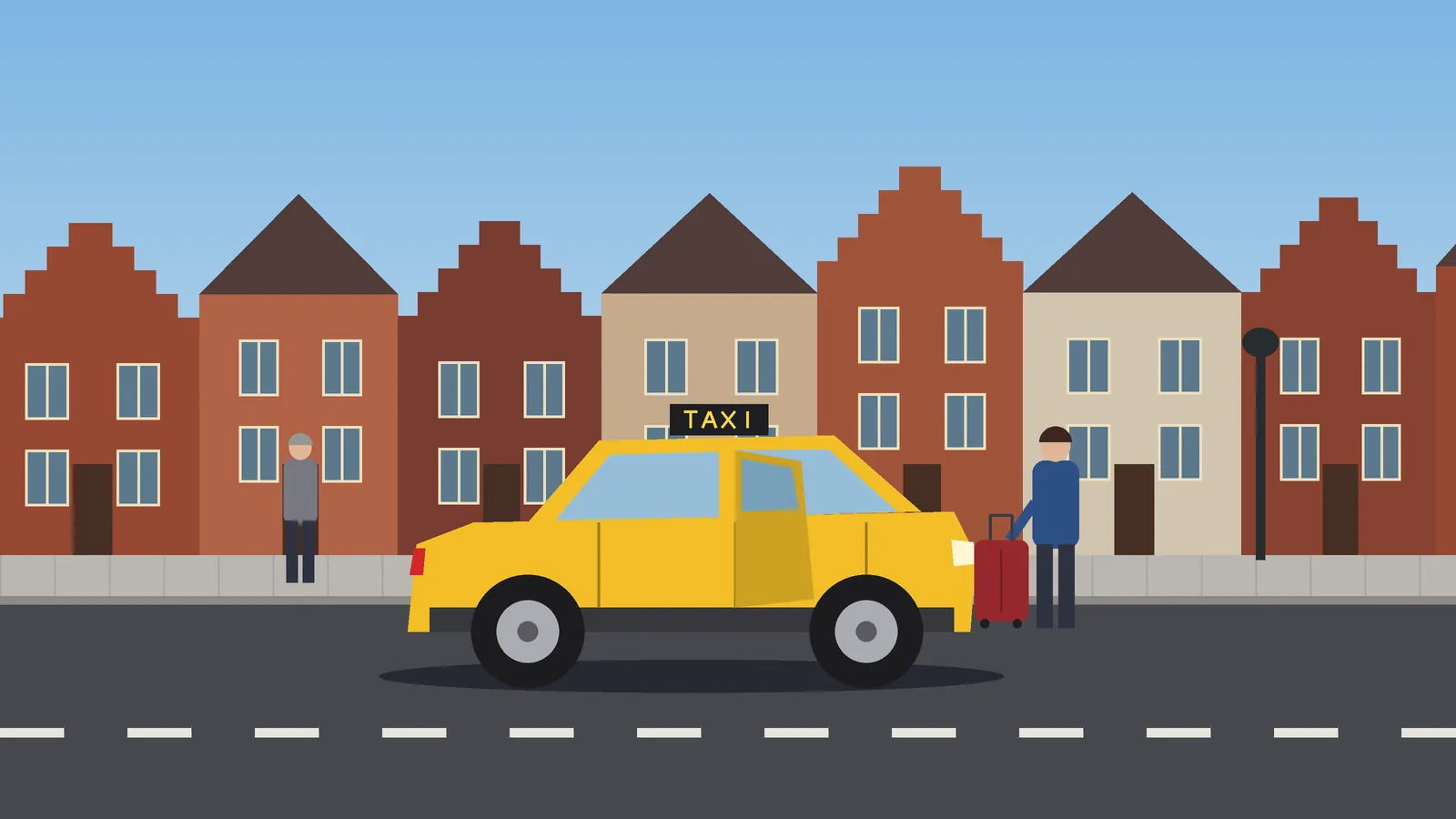 Gele taxi met geopende achterdeur haalt een reiziger met koffer op in een straat met Vlaamse rijhuizen
